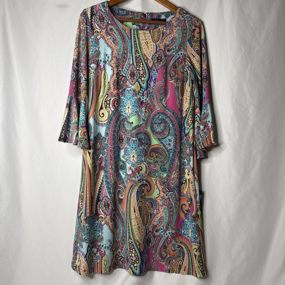 Tommy Hilfiger Shift Silhouette Dress 8 Paisley 3/4 Bell Sleeve Vibrant Colorful